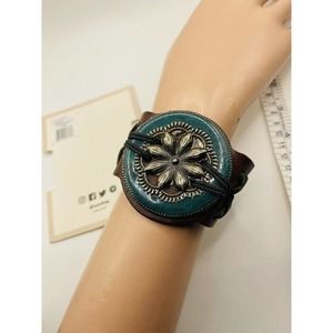 COPY - Desert Bloom Leather Cuff Bracelet Enameled Turquoise Silver Tone - Myra…
